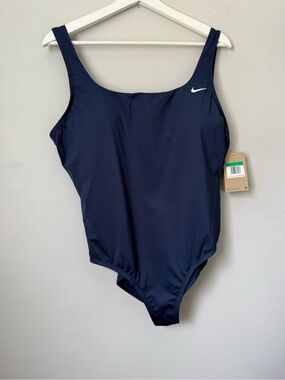NWT Nike Solid Navy One-Piece Swimsuit with White Swoosh